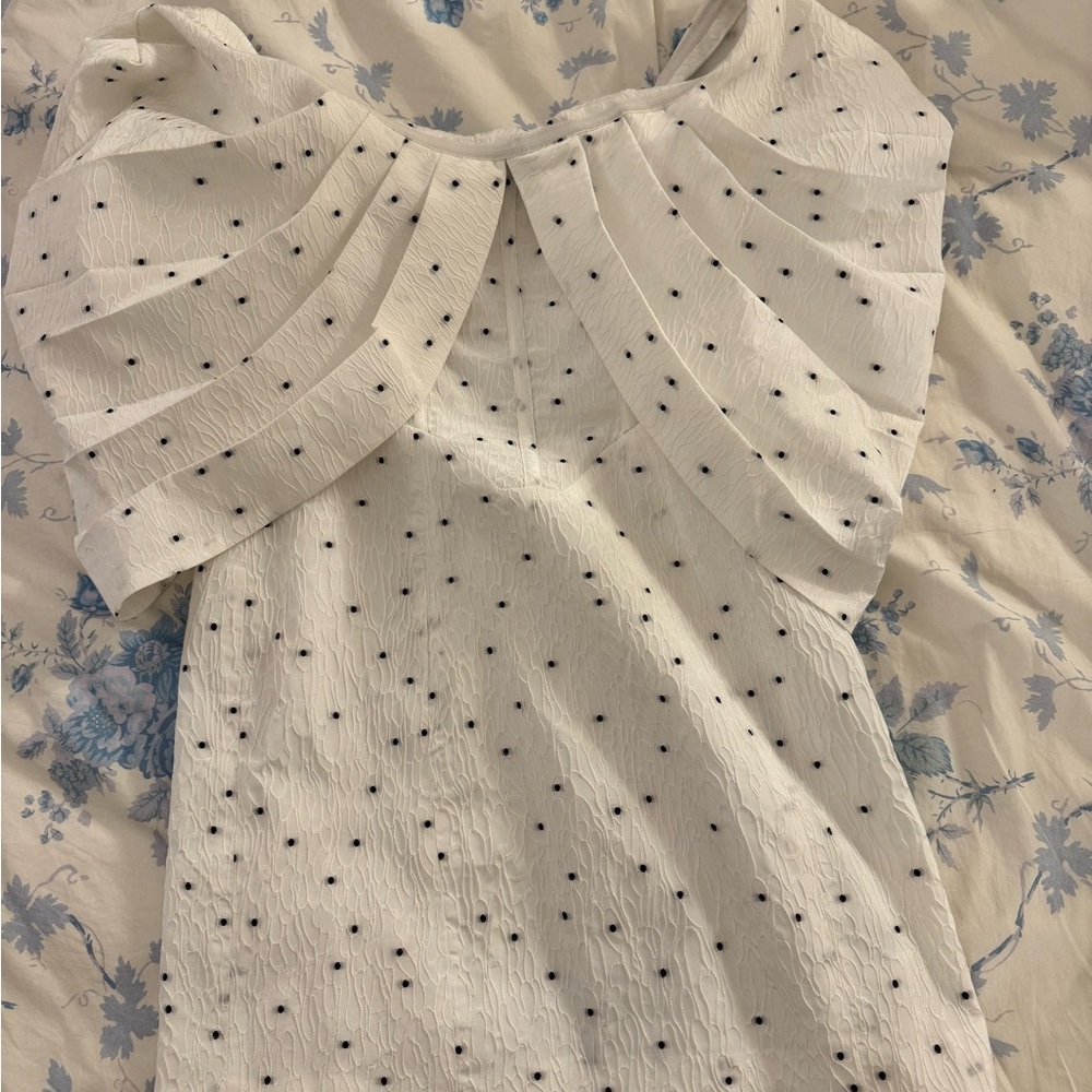 White Textured Top with Black Polka Dots